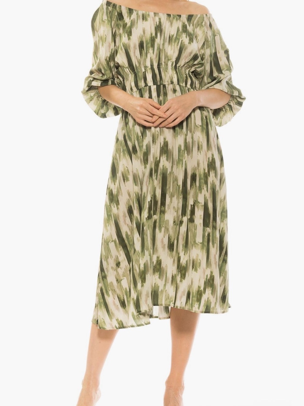 Off-Shoulder Green Brushstroke Midi Dress